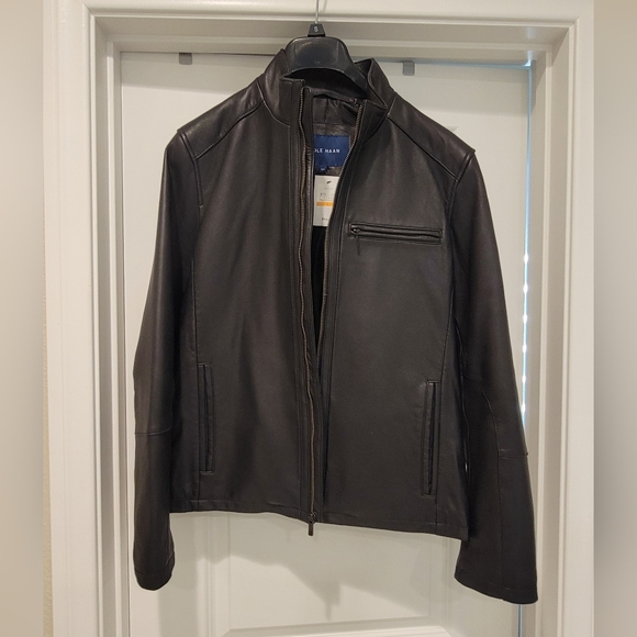 Mens Brand New With Tags, Cole Haan Black Leather Jacket, Small - Picture 1 of 9